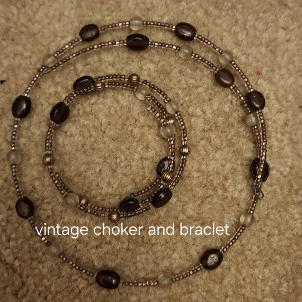 Vintage-Plum Beaded Choker and Bracelet Set